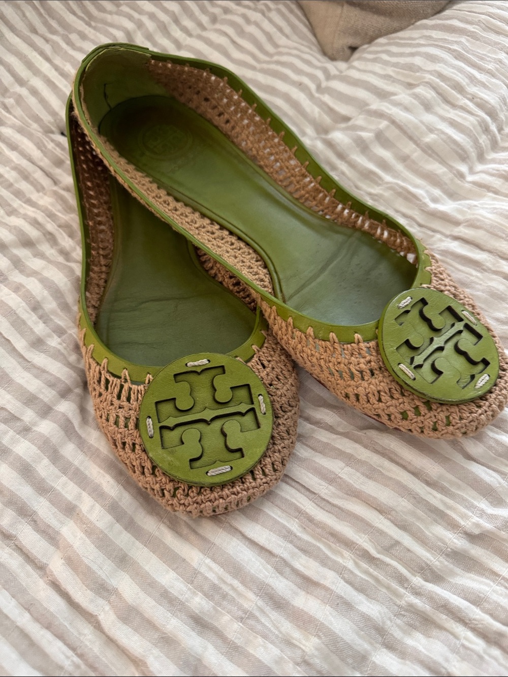 Tory Burch Tan Woven Flats with Green Logo Medallion